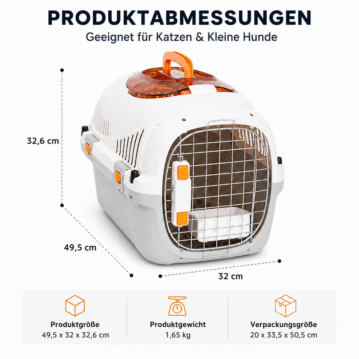 SNOEKIE Katzen Transportbox mit 2 Öffnungen, 49,5 x 32 x 32,6 cm, Haustierbox für Katzen & kleine Hunde, mit Dachöffnung, Fronttür, Metallgittertür & Tragegriff, Cremeweiß/Grau