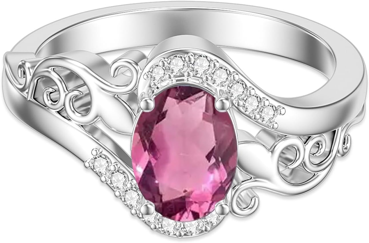 1.5Ct Oval Cut Birthstone with Moissanite Personazlized Name Ring 925 Sterling Silver Birthstone with Filigree Anniversary Engagement Ring for Women Gifts Size 5-12