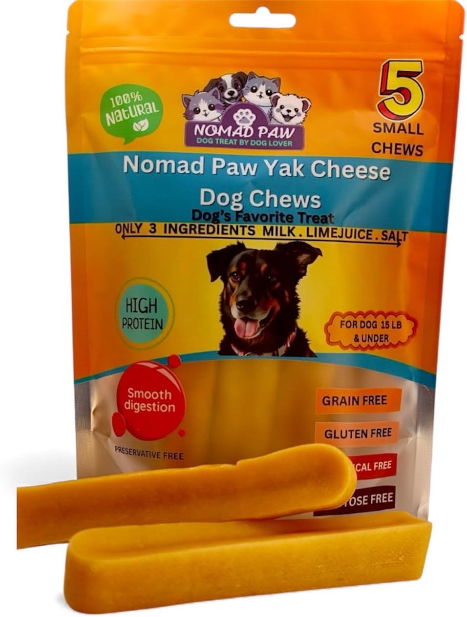 Nomad Paw Himalayan Yak Chews for Dogs – 5 Pack | 100% Natural Long-Lasting Dog Chews for Aggressive Chewers | High Protein, Odorless, Grain-Free Dental Chew Sticks | Yak & Cow Milk | Small Breed