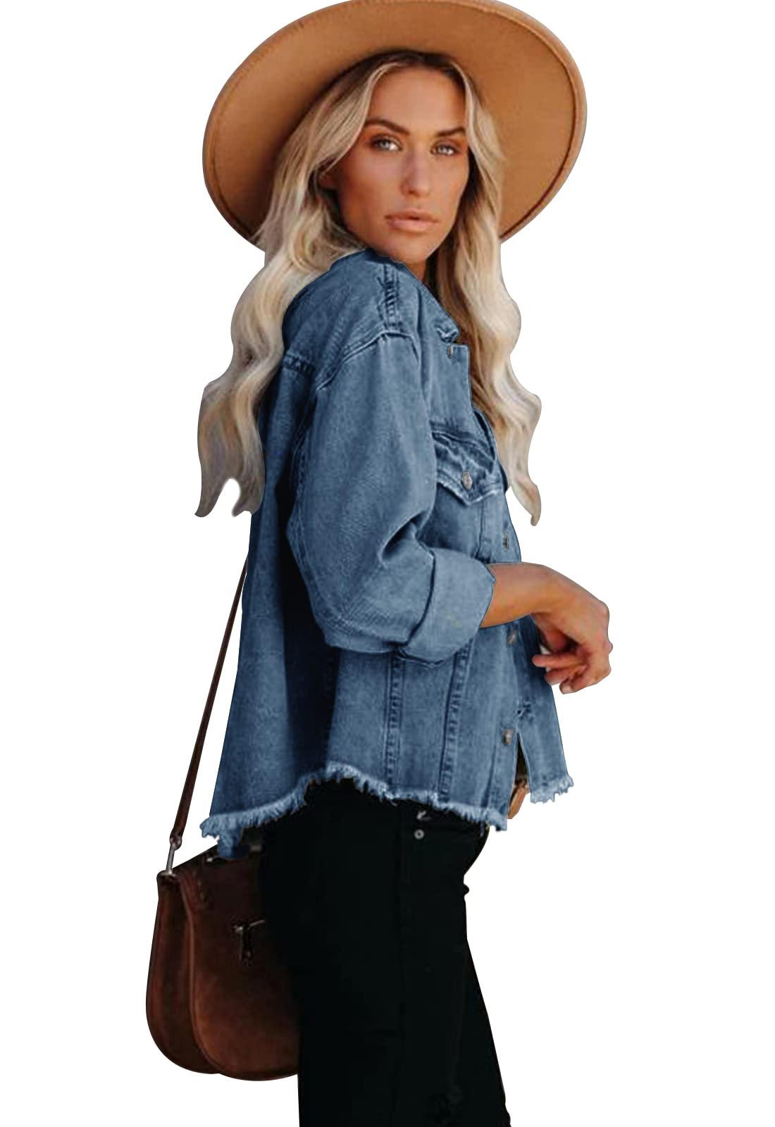 JayscreateEU Chaqueta vaquera para mujer, chaqueta corta, abrigo vaquero, ropa de exterior, manga larga, chaqueta vaquera para mujer, con botones, chaqueta de invierno y otoño, bordes y lavado con