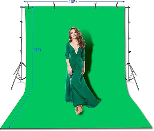 Miniatura 2 de Photo Video Studio - Telón de fondo de pantalla verde Chromakey de muselina de algodón 10 x 12 pies con soporte de 8.5 x 10 pies, kit de sistema de