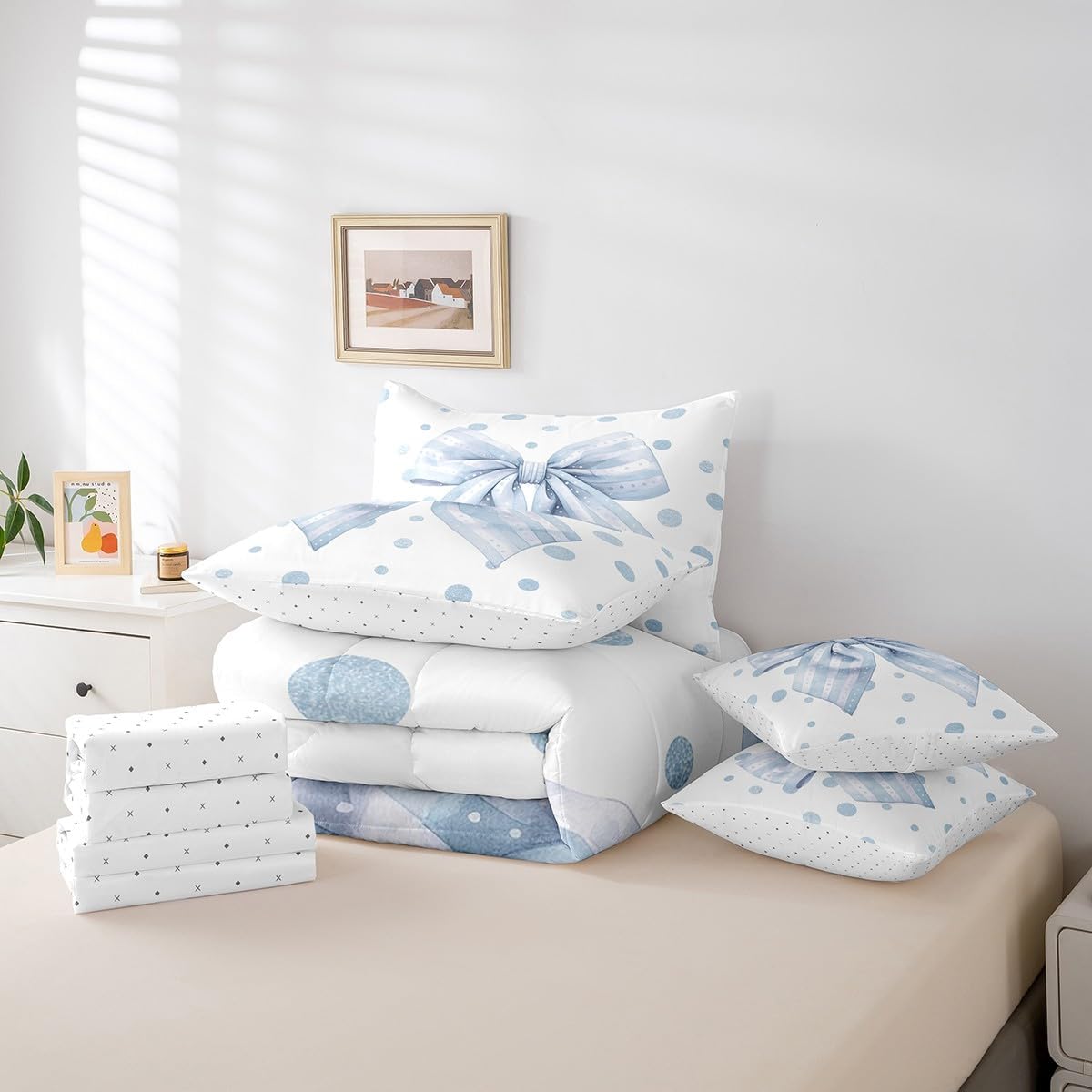 Feelyou Coquette Bows Bed Set Full Size Peach Blossom Bow 7 Pieces Bedding Set for Kids Blue Bowknot Bed Set Includes Comforter, Sheet Set, Pillowcases Women Men Teens Decor Dreamy Princess Style