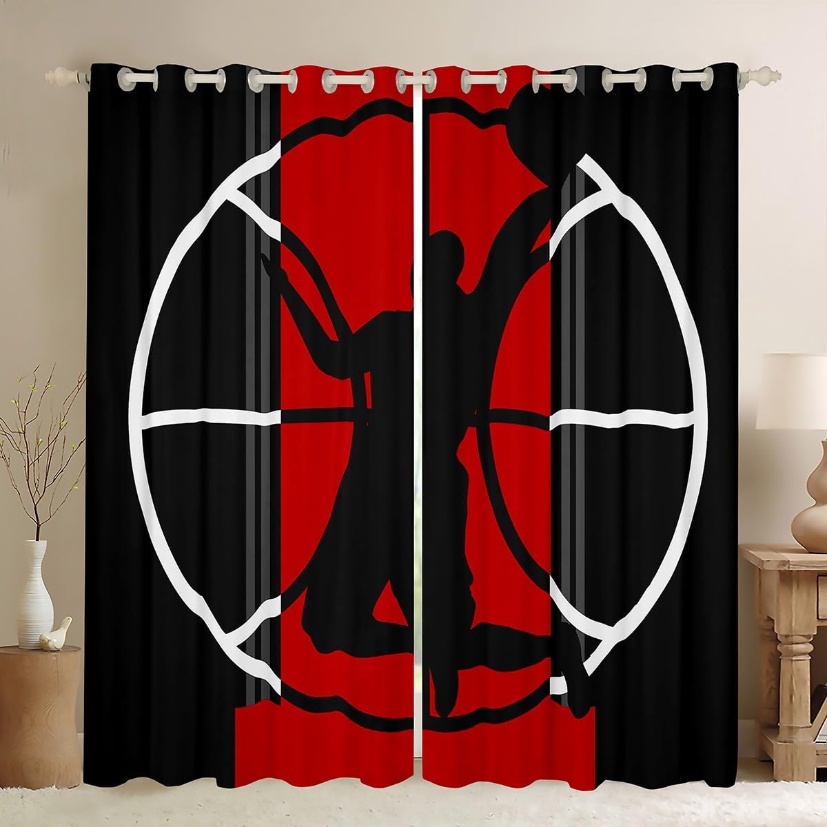 Castle Fairy Basketball Window Curtains,Sports Games Curtain,Red and Black Window Drapes for Kid Teens Boys Young Man,Modern Bedroom Decorative,Basketball Court Curtain,84Wx84L