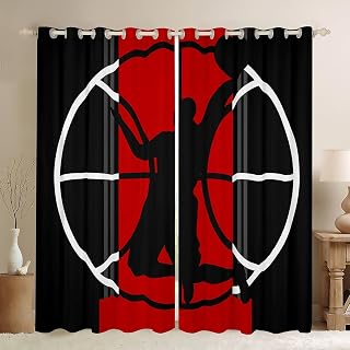 Castle Fairy Basketball Window Curtains,Sports Games Curtain,Red and Black Window Drapes for Kid Teens Boys Young Man,Modern Bedroom Decorative,Basketball Court Curtain,84Wx84L