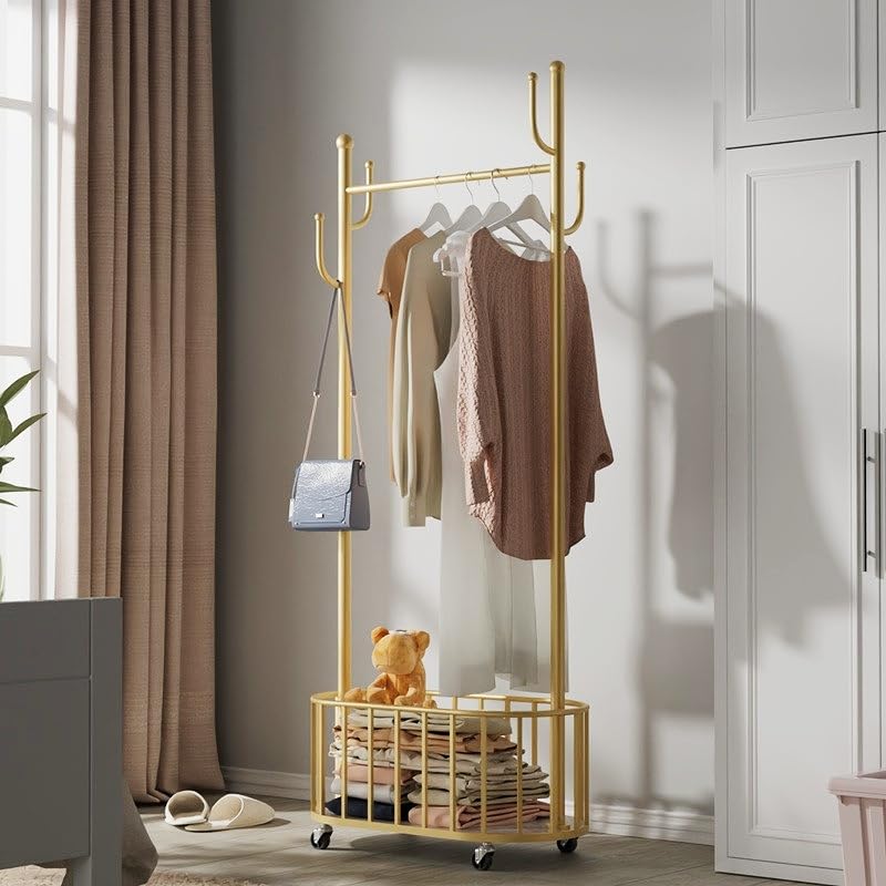 Fohome Garment Rack, Metal Clothes Rack for Hanging Clothes with Clothes Basket, Freestanding Coat Rack for Storing Clothes, Heavy Duty Clothing Organizer with Wheels for Hallway, Bedroom (Gold)