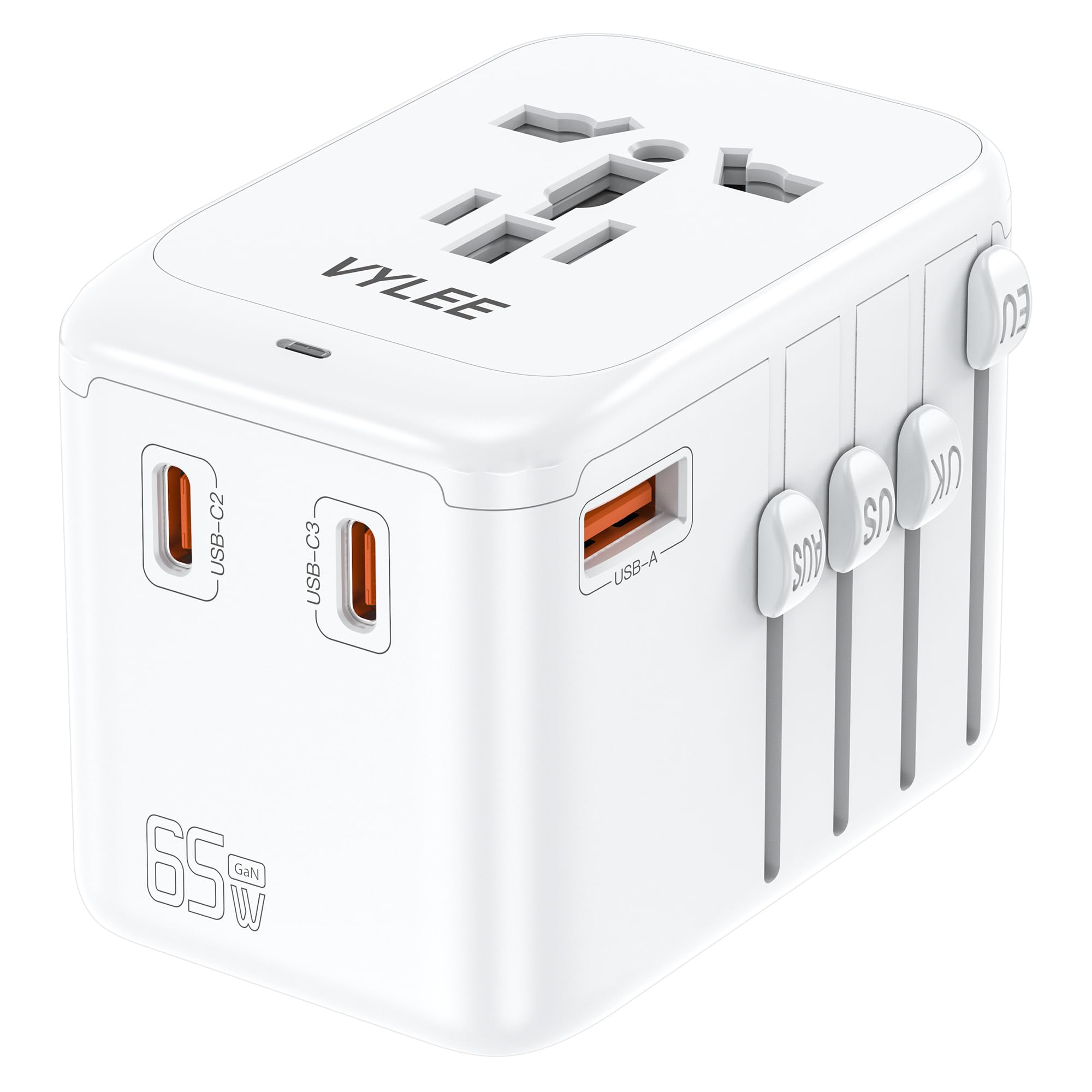 Travel Plug Adapter, 65W Fast GaN Travel Charger, International Plug Adapter with 3 USB-C PD and 1 USB-A QC with US/EU/UK/AU Convenient for iPhone,Samsung,Laptops