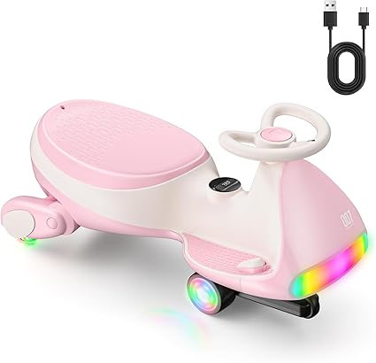 FanttikRide 12V N7 Ultra Electric Wiggle Car with Pedal, Kids Car, MagicMute Motor Swing Car, 2 Speeds, 9 Color Modes, Digital Display, Bluetooth, for Ages 3 and Up, 150 Lbs, Pinkish White