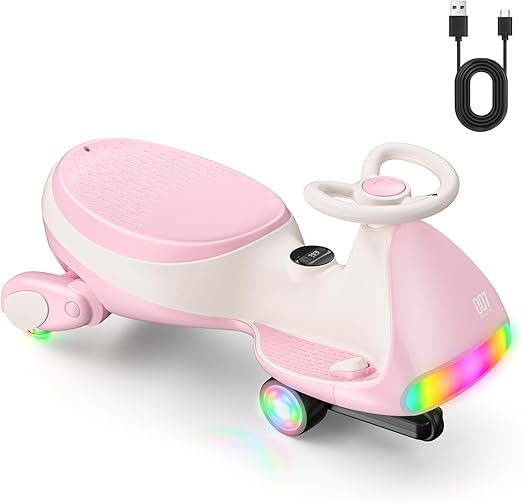 FanttikRide 12V N7 Ultra Electric Wiggle Car with Pedal, Kids Car, MagicMute Motor Swing Car, 2 Speeds, 9 Color Modes, Digital Display, Bluetooth, for Ages 3 and Up, 150 Lbs, Pinkish White