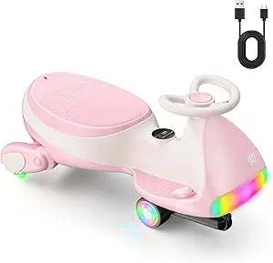 FanttikRide 12V N7 Ultra Electric Wiggle Car with Pedal, Kids Car, MagicMute Motor Swing Car, 2 Speeds, 9 Color Modes, Digital Display, Bluetooth, for Ages 3 and Up, 150 Lbs, Pinkish White