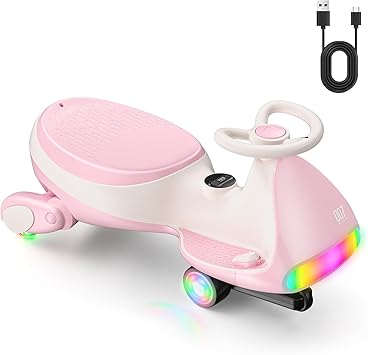 FanttikRide 12V N7 Ultra Electric Wiggle Car with Pedal, Kids Car, MagicMute Motor Swing Car, 2 Speeds, 9 Color Modes, Digital Display, Bluetooth, for Ages 3 and Up, 150 Lbs, Pinkish White