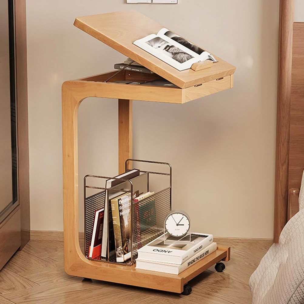 SXZenSpace Solid Wood Adjustable Desktop TV Tray Table with Wheels, C-Shaped End Tilt Angle,Side Tables for Couch,Living Rooms,Bedrooms,wood,A