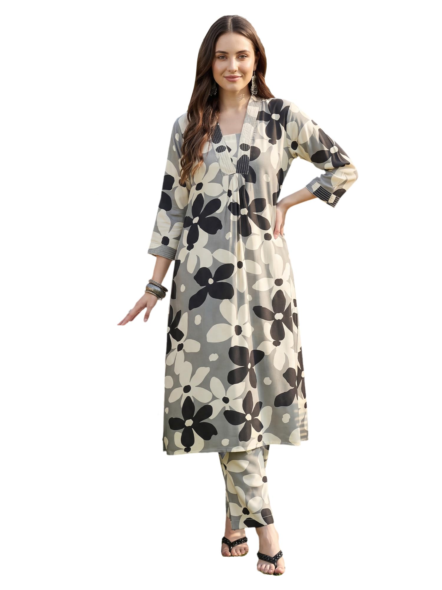 indo era Women's Viscose Rayon Floral Printed Zari Work Kurta & Pant Set | Kurta Sets For Woman-picture-14