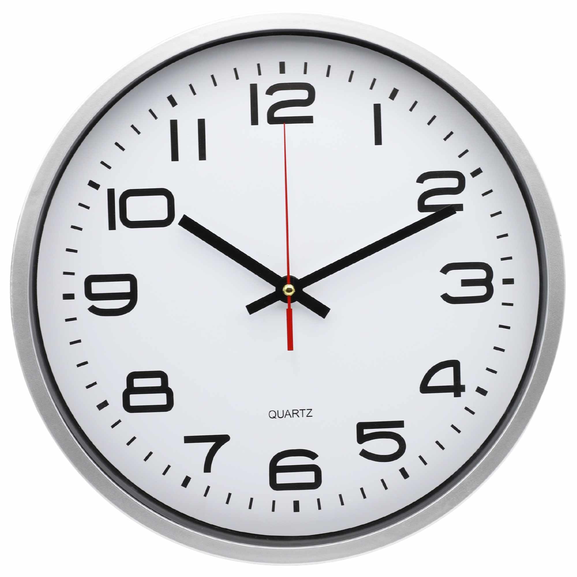 Reloj de Pared Silencioso Para Oficina, Cocina y Dormitorio - Movimiento de Cuarzo, Decorativo, Marco Plateado, Esfera Blanca, 30 cm