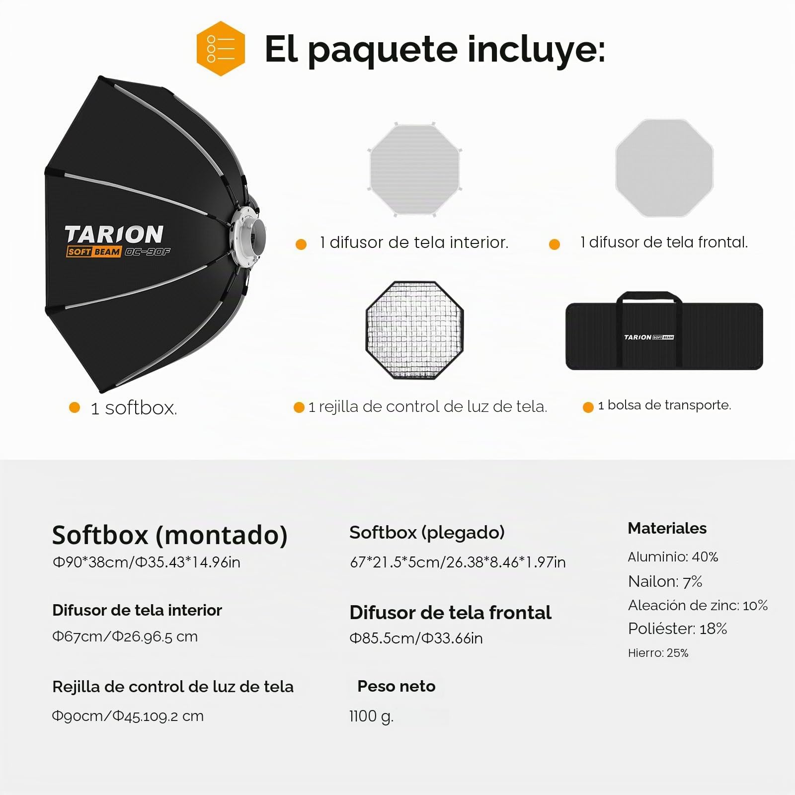 TARION Softbox Montaje Rápido Octagonal - Softbox Bowens 90cm Plegable con Rejilla Doble difusión para fotografía Estudio vídeo OC-90F SOFTBEAM