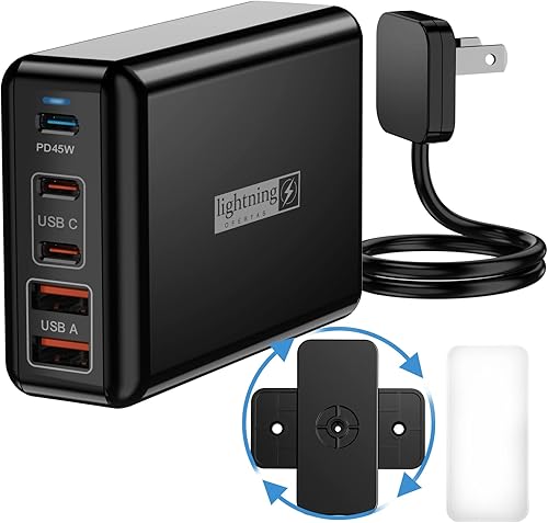 USB C Charger Block 100W, 5 Ports Charging Blocks Ultra Thin Flat Plug, USB Charging Hub with 360° Rotated Adhesive Punch-Free Holder, Charging Station for Laptops, Tablets, Cellphones Stuff