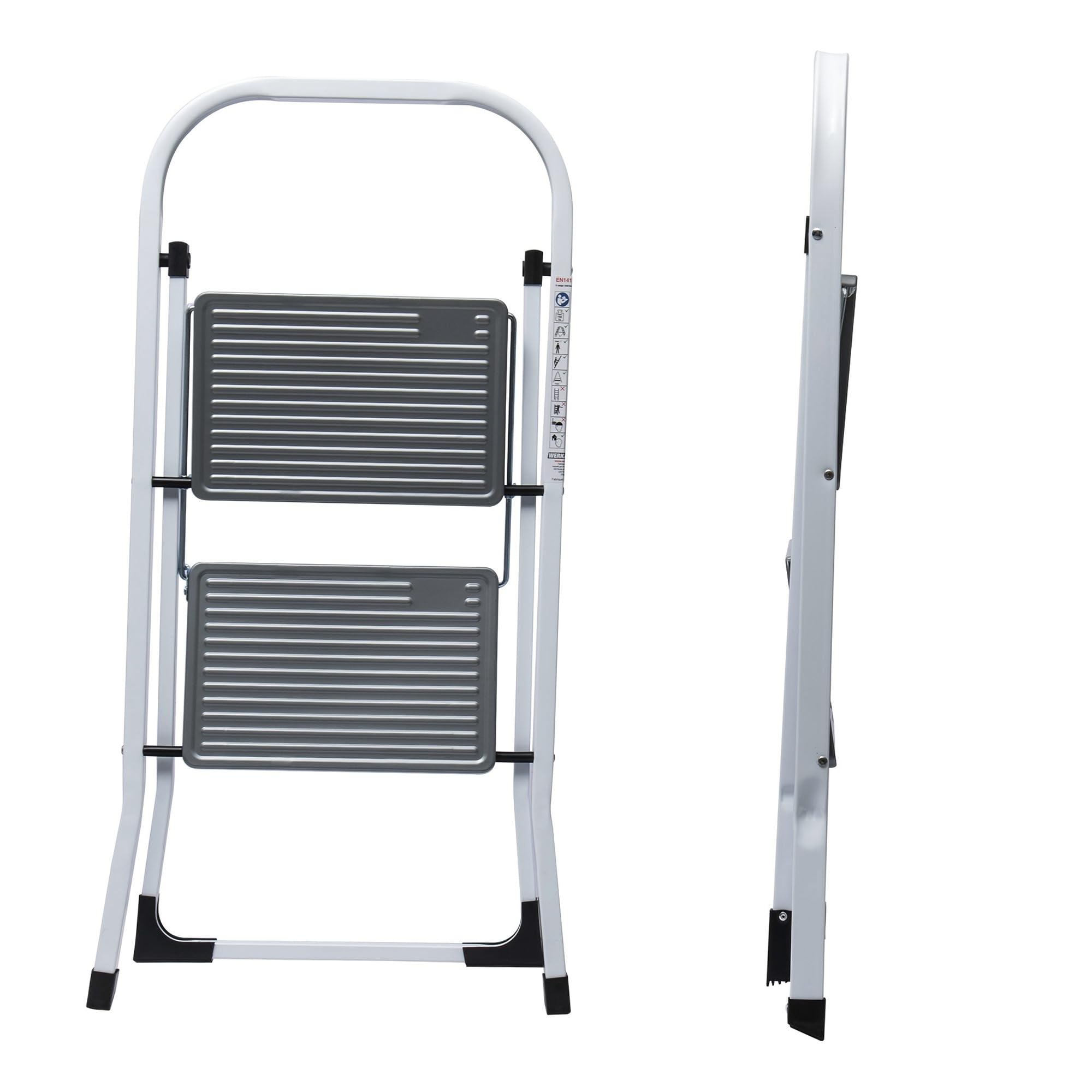 WERKA PRO Marchepied 2 Marches Pliable - Métal Peint - Garde-Corps Sécurisé - Capacité 150 kg - Compact et Robuste pour Bricolage - Stabilité Excellente