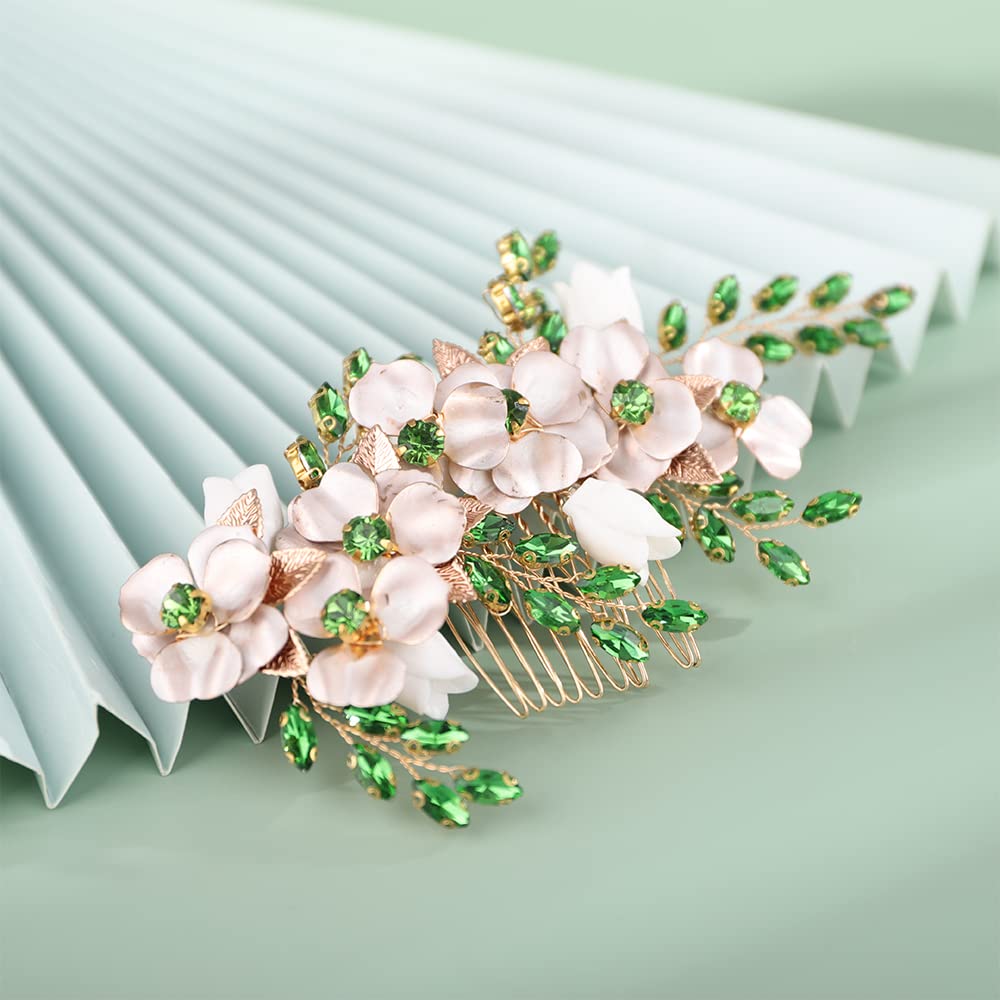 Kercisbeauty Emerald Green Crytal Hair Comb Gold Flower Beaded Hair Piece for Wedding Brides Bridesmaid Girls Prom Hair Accessories(Green) - Image 4