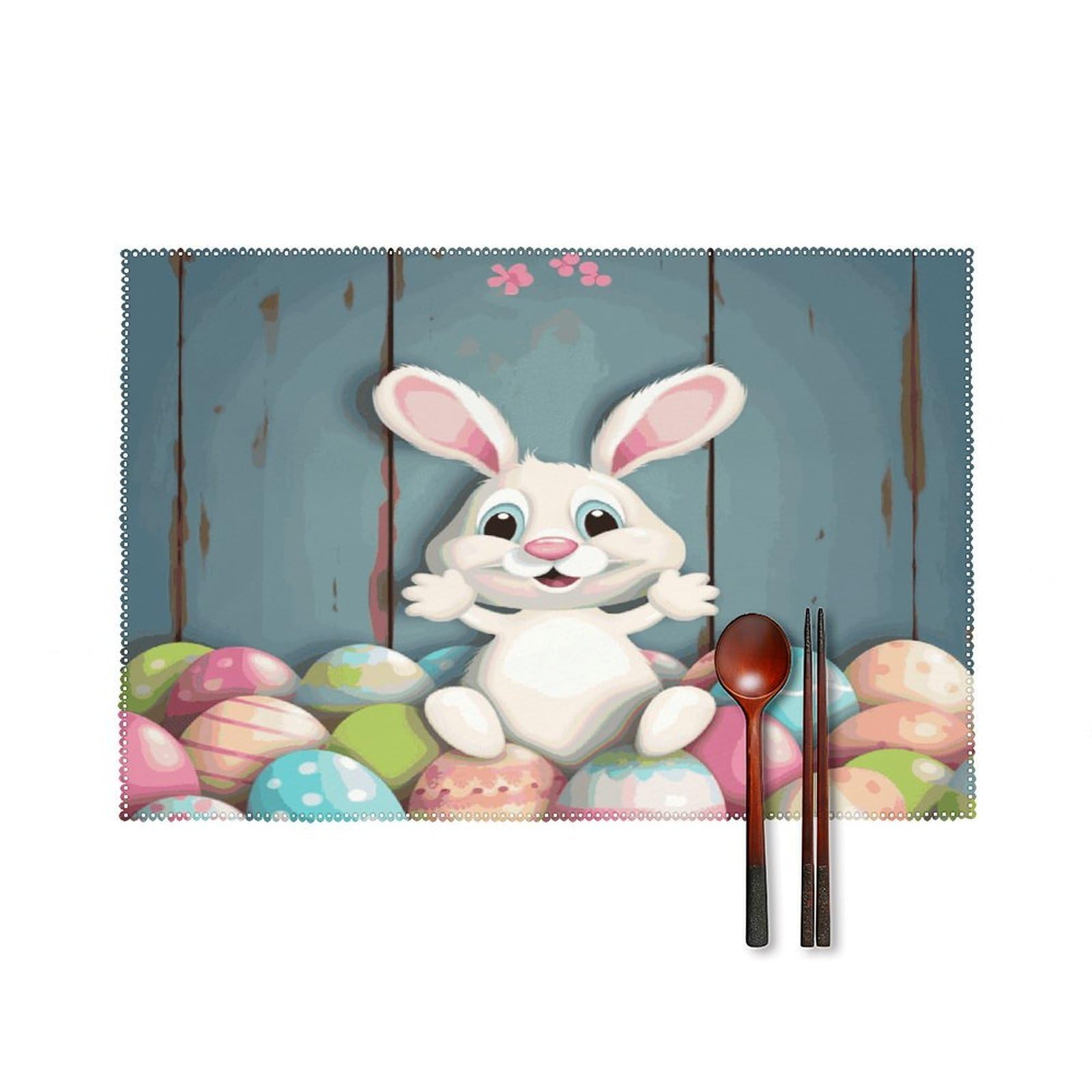 Btcowzrv Style Happy Easter Eggs Bunny Tail Canvas Placemats Set Of 6, Wipeable Washable Place Mats For Indoor & Outdoor, Table Mat Decor For Kitchen Dining Party