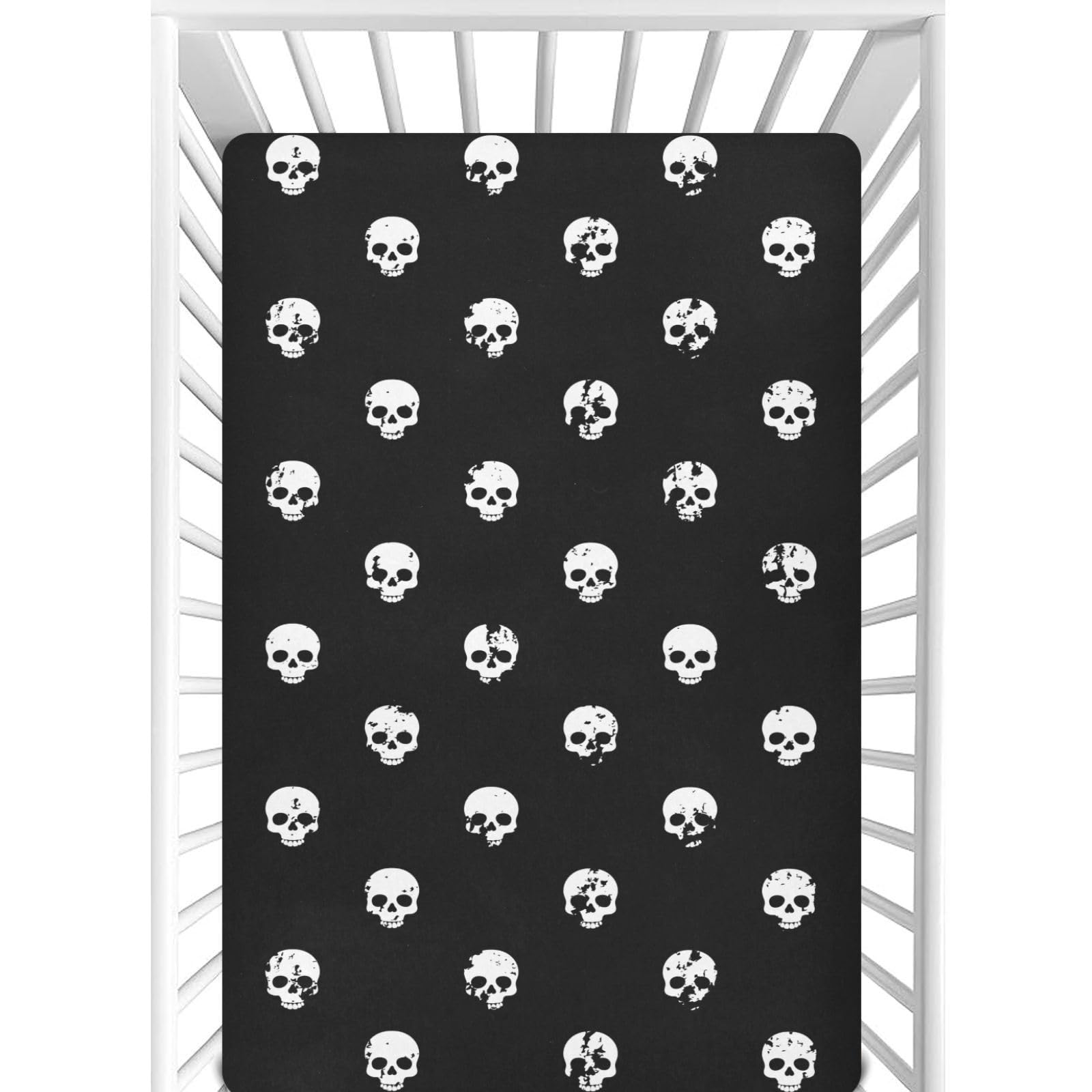 CaTaKu Skull Heads Black Mini Crib Sheets for Girls Boys Baby Mattress Sheets Fitted, Soft Toddler Nursery Bed Sheets Neutral 28"x 52"