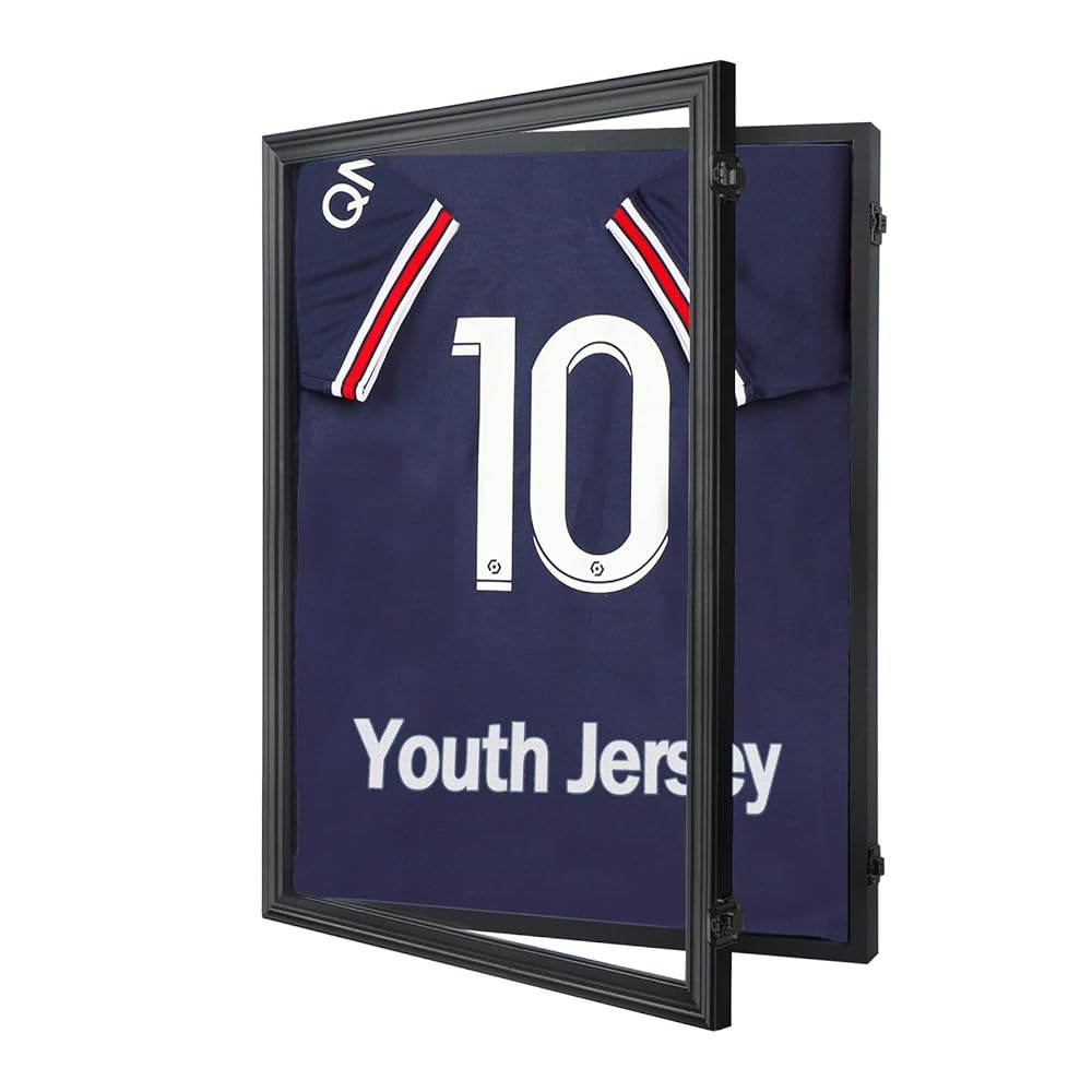 IHEIPYE Kids Jersey Frame Display Case Lockable, Sport Jersey Shadow Box with 98% UV Protection Acrylic and Hanger for Baseball Basketball Football Soccer and Uniform, Small-Black Locks