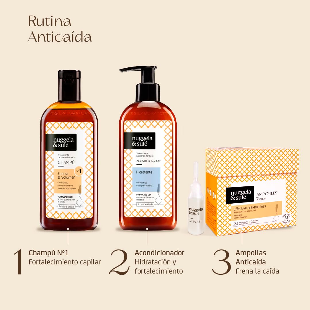 Nuggela & Sulé Ampolla Anti-Caída. Tratamiento Anticaída Efectivo 8 x 10 ml | Con extracto de cebolla roja. Fortalece y ayuda a frenar la caída del cabello. Reduce la caida del pelo en pocas semanas