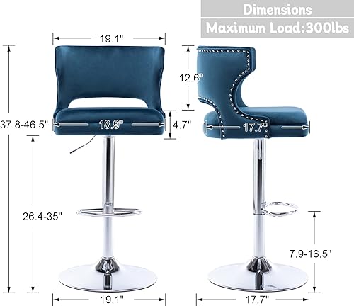 Miniatura 3 de Shunzhi Juego de 2 taburetes de bar giratorios de terciopelo ajustables con altura de mostrador con respaldobase, sillas de bar modernas tapizadas