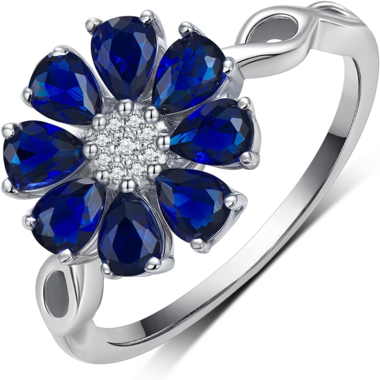Blue Sapphire Rings for Women 925 Sterling Silver Pear Cut Sapphire Flower Ring Sapphire Jewelry Gifts for Women