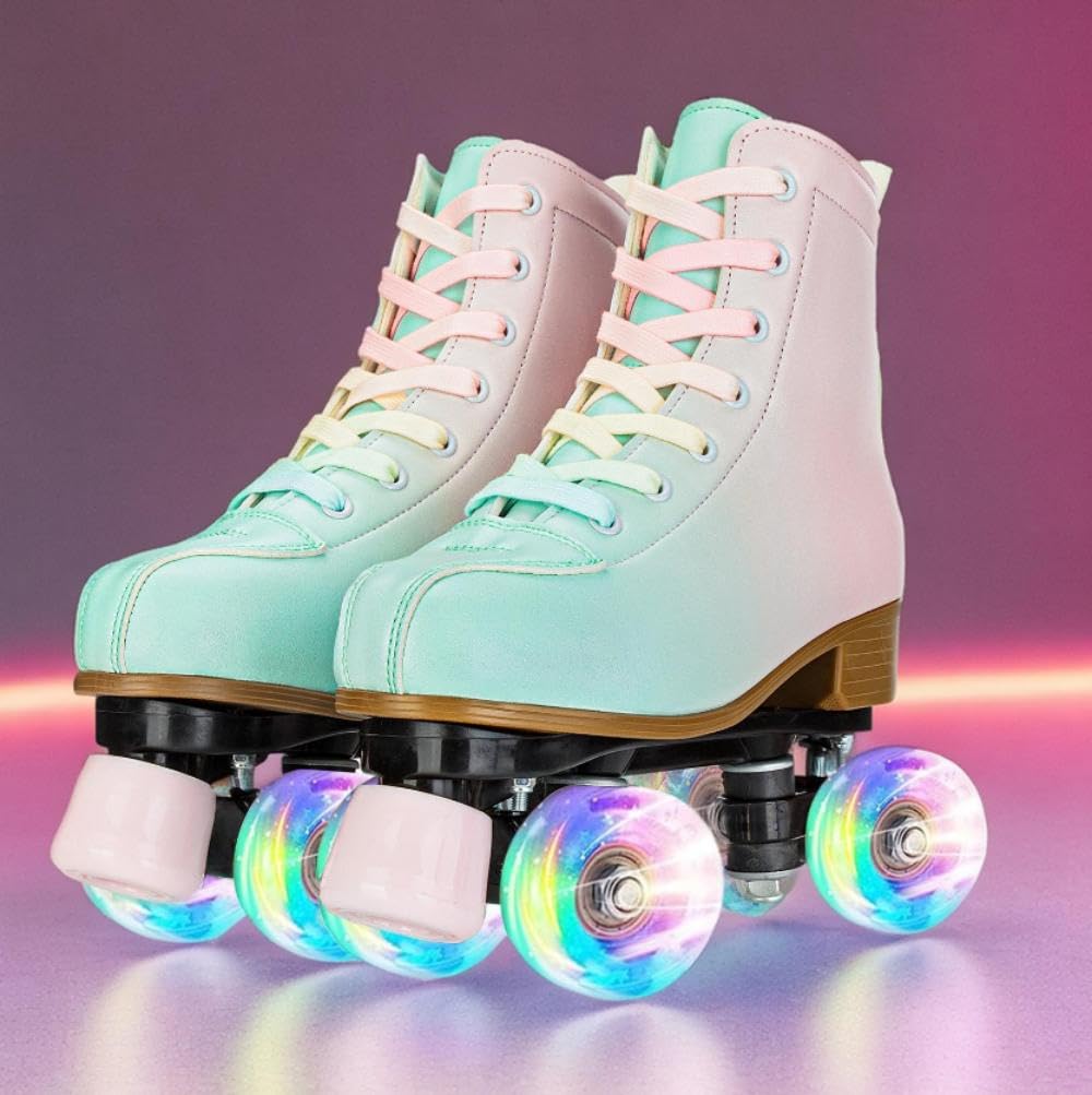 Tmore Quad Roller Skates for Women and Girls, Double-Row Light Up Roller Skate for Indoor Outdoor High Top PU Leather Kids Roller Skates Four-Wheel Adjustable Skates (Green Pink,34)