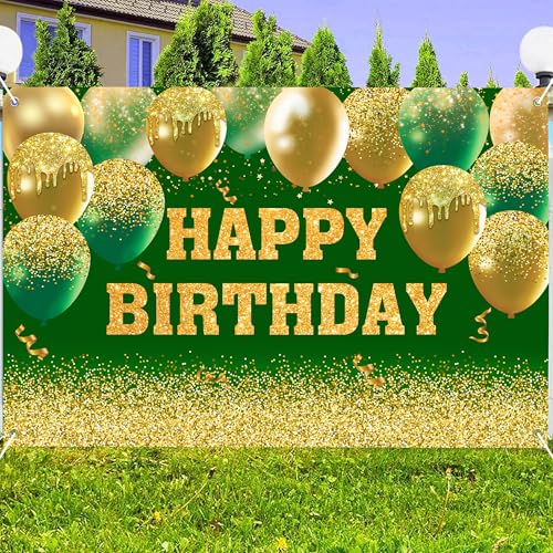 Image of Happy Birthday Decorations Backdrop 10 x 6 ft Green Golden Happy Birthday Banner Large Birthday Party Background for Men Women Kids Photo Shoot Supplies