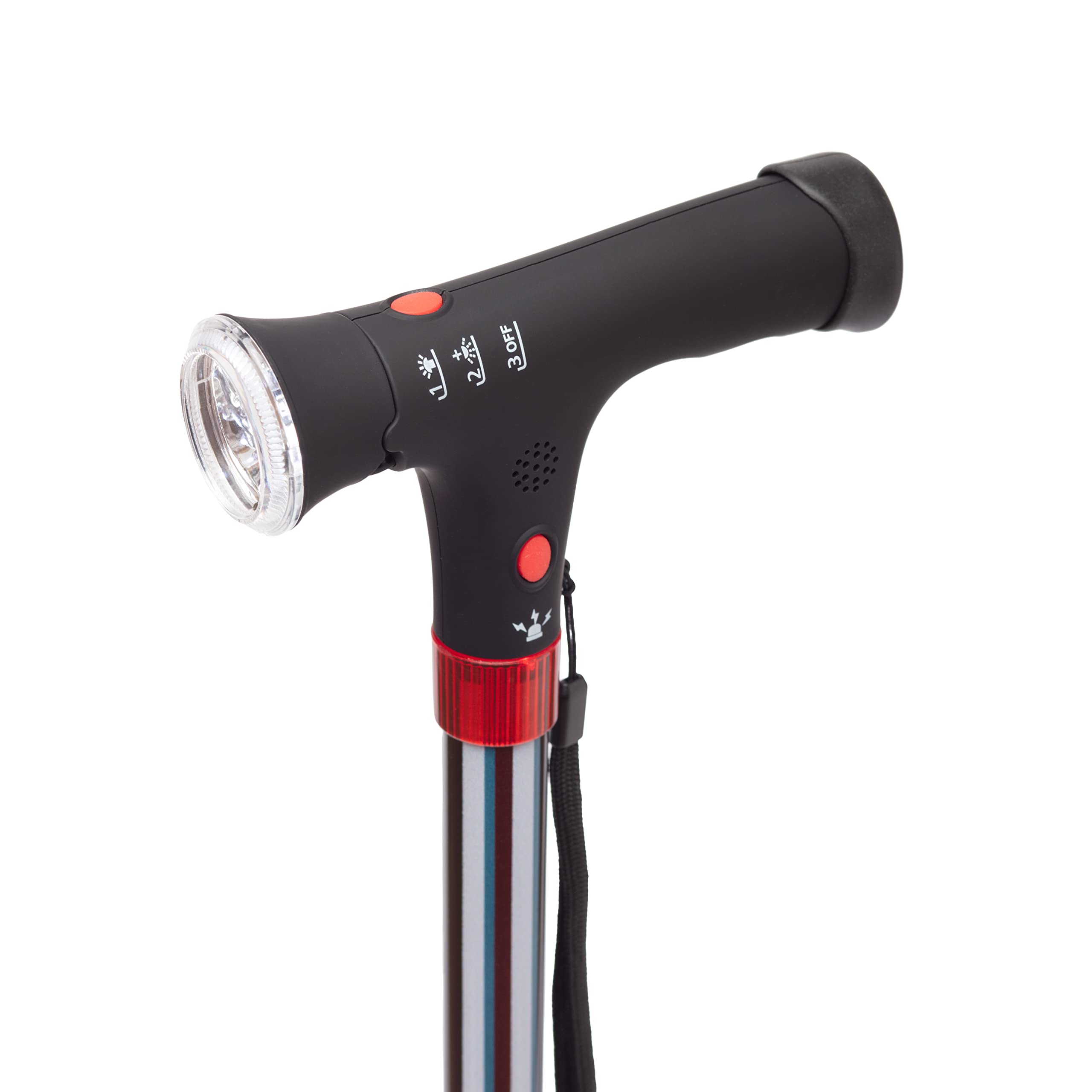SPES - Bastone da Passeggio Regolabile con Luce a LED e Allarme Sonoro di Sicurezza - Elegante in Alluminio per Anziani e Disabili - a righe Blu Bianche. Bordeaux