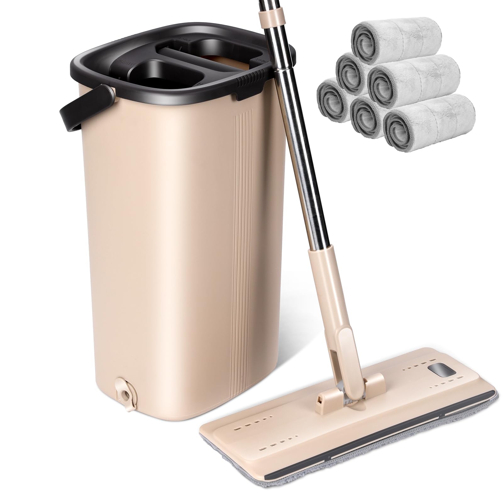 Mocio Lavapavimenti e Secchio Strizzatore, Masthome Mocio Piatto Professionale,Mocio in Microfibra con Secchio,per Lavaggio Pavimenti,Strizzatura a Mani Libere,con 6 Panni Riutilizzabili,Beige