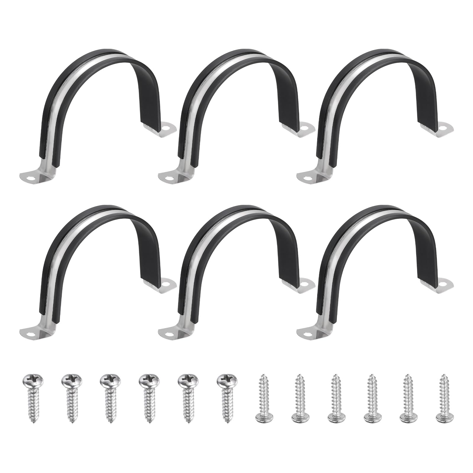 sourcing map 6Pcs 77mm Pipe Clips, 304 Stainless Steel Rubber Coated Cushion Pipe Strap Clamp U-Shaped Bracket with M3x177mm Screws for Tube Hose Cable Installation, Black — image 1