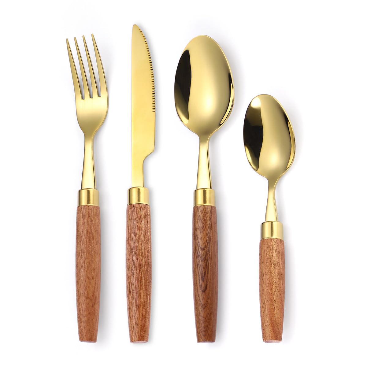 OLSKFUH Cutlery Flatware Cutlery Set, 4/16/24/32/40/48 Pieces 304 Stainless Steel Tableware Set Household Simple Wooden Handle Table Knife Fork Spoon Dessert Spoon,Gold-6Set-24Pcs