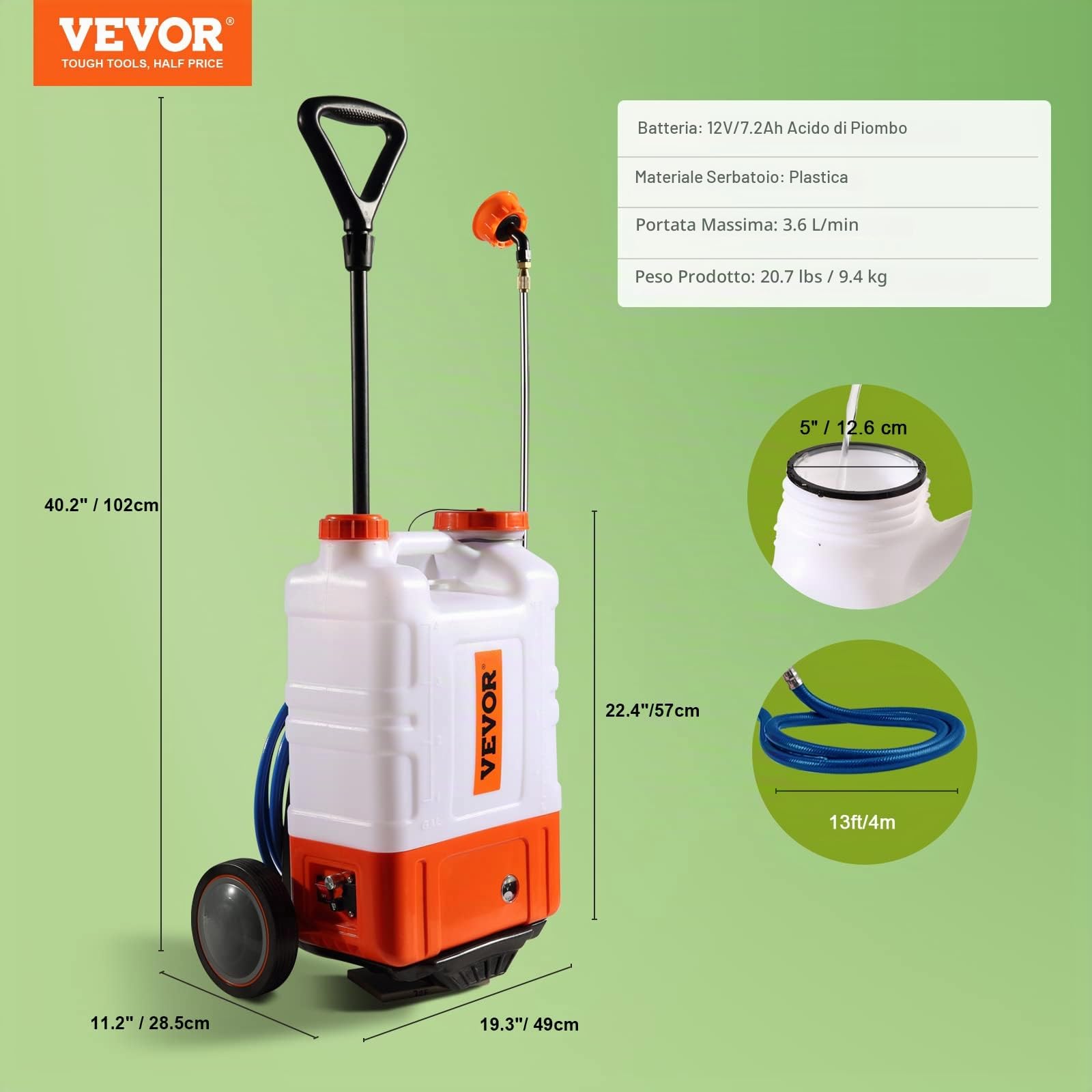 VEVOR Irroratore a Zaino con Carrello, Pressione Regolabile 0-94 PSI Serbatoio da 15 Litri su Ruote, con 8 Ugelli, 2 Lance, Coperchio a Bocca Larga per Giardino, Diserbo, Irrorazione, Pulizia