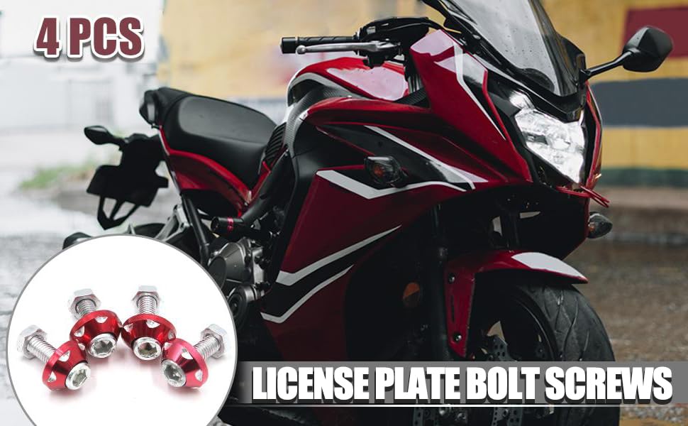 Miniatura 3 de Tornillo decorativo para placa de matrícula de aleación de aluminio rojo, 4 piezas para automóvil y motocicleta 1996-2023