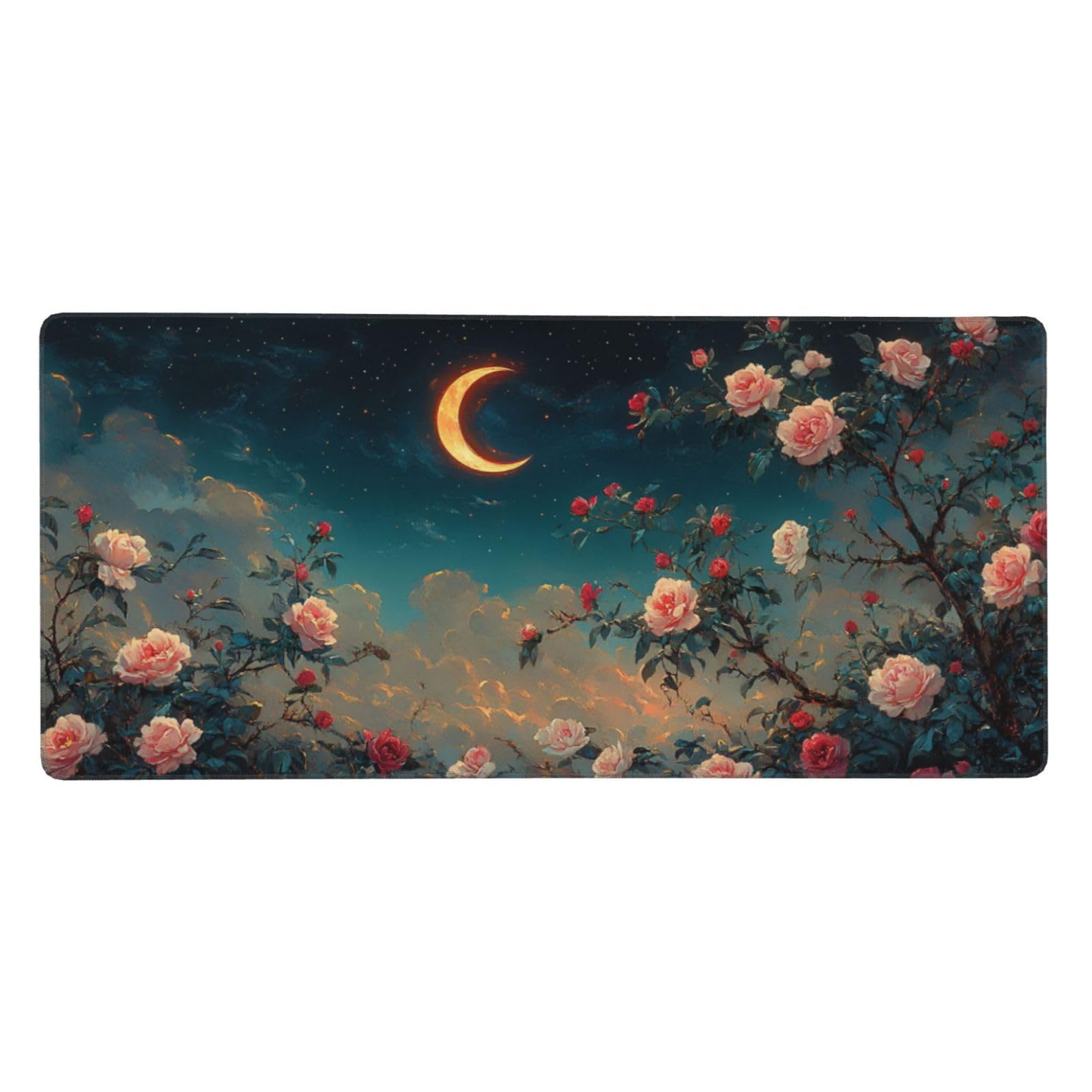 Gamingowa podkładka pod mysz, kwiatowa podkładka pod mysz XXL, 1000 x 400 x 3 mm, podkładka pod mysz, księżyc dla graczy, z zabezpieczeniem krawędzi, wodoodporna, akcesoria dla graczy, poprawia