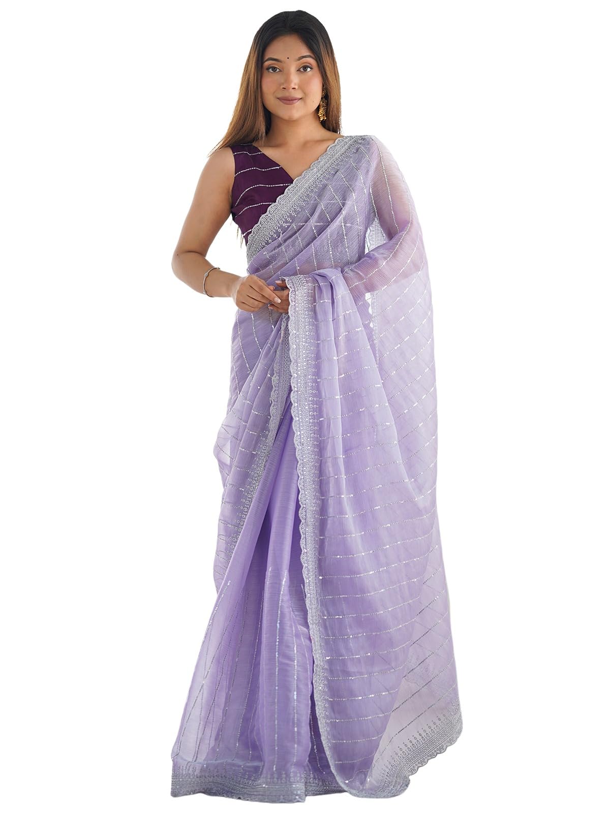 Satrani Women's Shimmer Chiffon Embroidery And Sequin Work Saree With Unstitched Blouse Piece (4136S156N_Lavender)