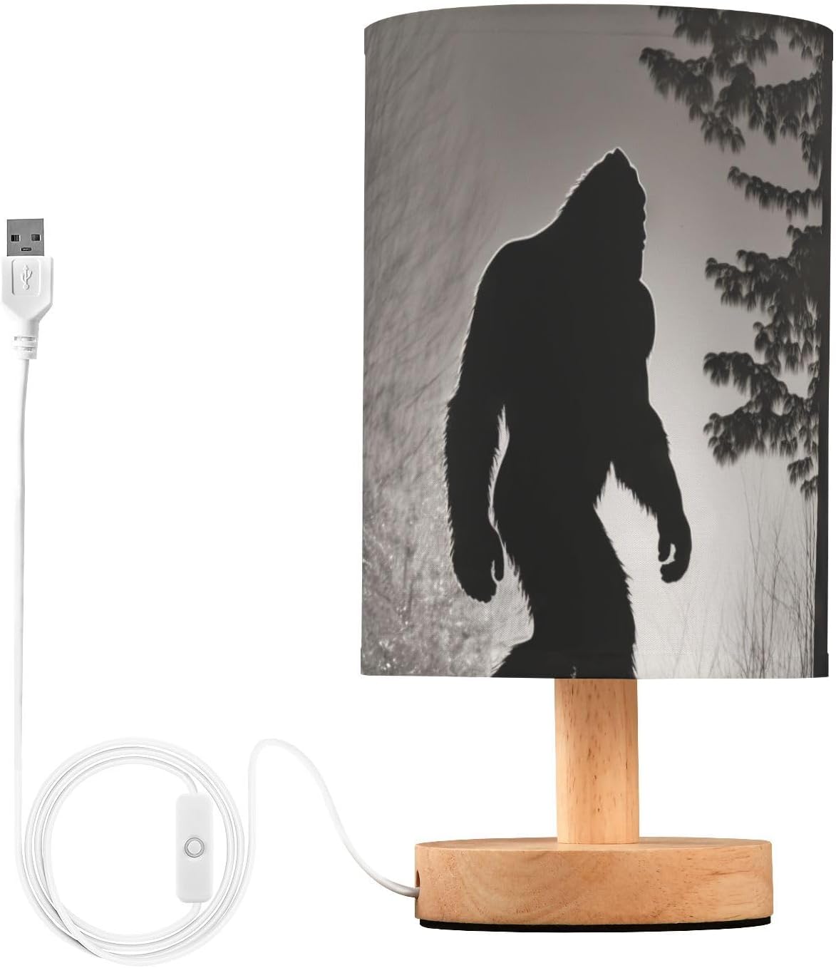 Sasquatch in Forest Table Lamps Bedside Nightstand Lamp with Flaxen Fabric Shade and Wooden Base with USB (Non-Removable) for Bedroom 5.12x9.7 in