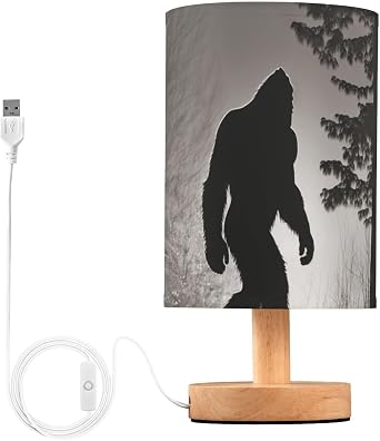 Sasquatch in Forest Table Lamps Bedside Nightstand Lamp with Flaxen Fabric Shade and Wooden Base with USB Non-Removable for Bedroom 5.12x9.7 in