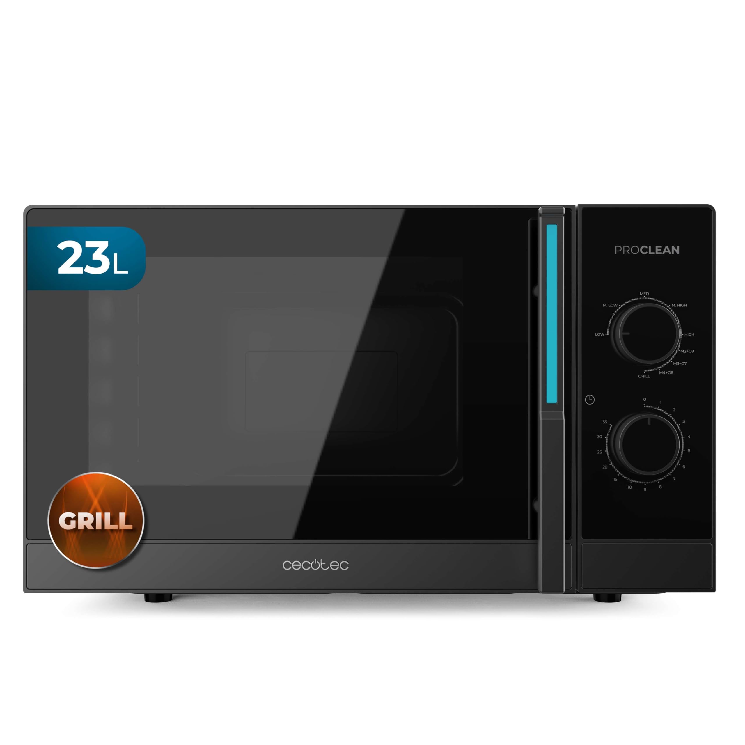 Cecotec Microondas Mecánico con Grill de 23L Proclean 4120. 800W y 1000W de Grill, Cocción Uniforme, 8 Niveles de Potencia, Función Descongelado, Temporizador 35mins, Plato Giratorio 285mm