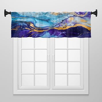 Window Treatment Tiers Solid Short Curtain for Small Window Bedroom 52 x 18 Inches, Abstract Fluid Art Painting In Shades Of Purple And Blue Window Treatments Valance for Living Room, 1 Panel