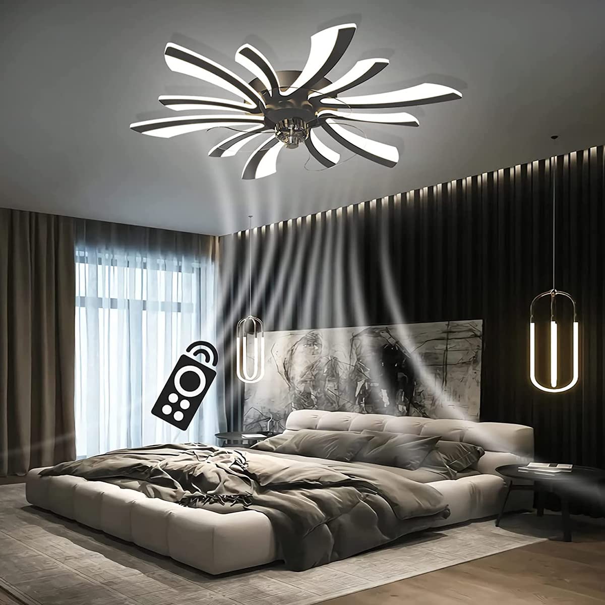 HXYSXHJUO Ceiling lights for bedroom LED Dimmable Bedroom Fan Light Mute Adjustable Wind Speed with Remote Control (Black)