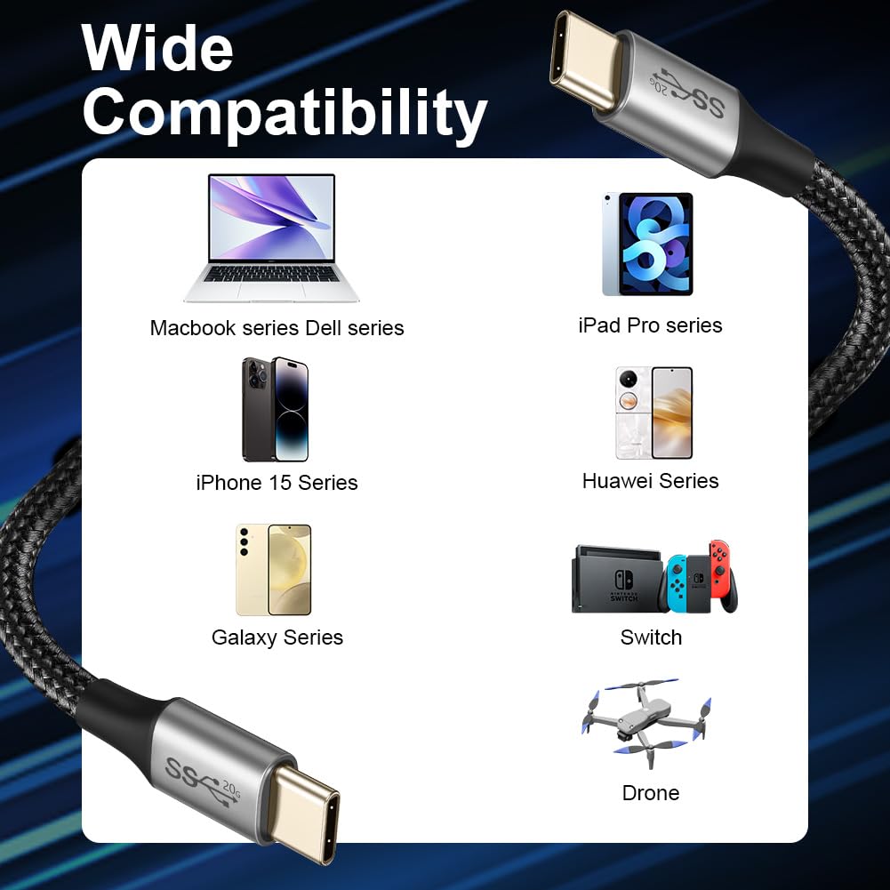 AXFEE Cavo di Prolunga USB, 100W/5A Cavo USB C, USB C a USB C, 2 Metri Nylon prolunga USB, Compatibile con i-Phone 15 Pro Max/Plus i-Pad MacBook Pro/Air Ga-laxy S23/S22 Ultra