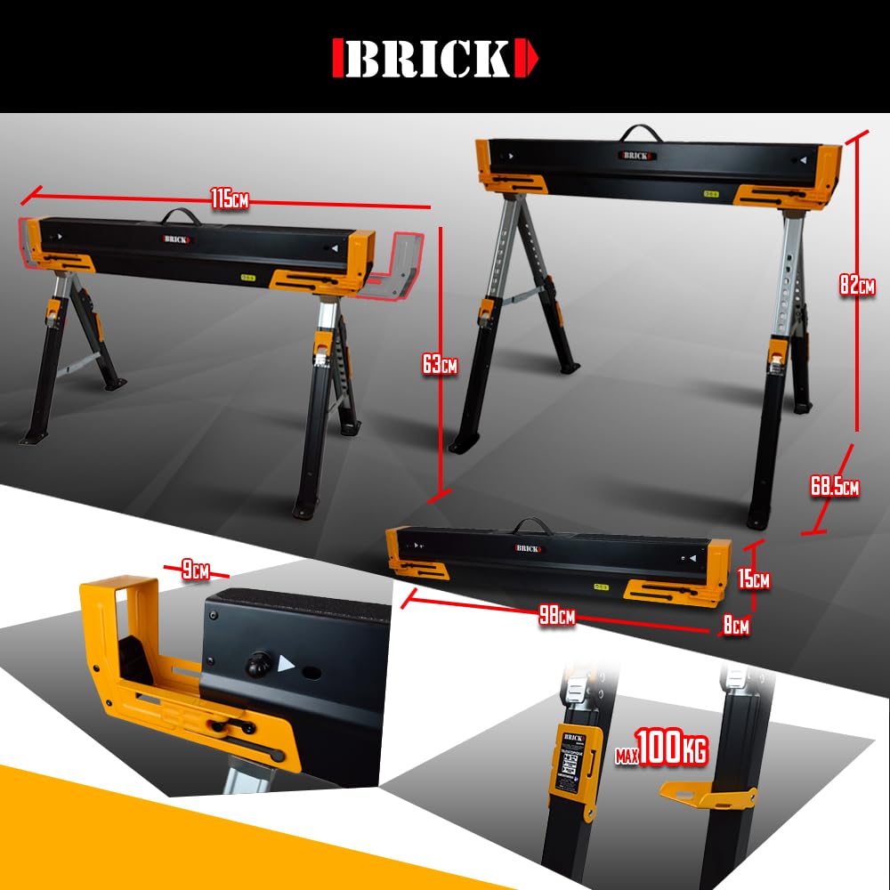 Lot de 2 tréteaux d'atelier métalliques pliables et téléscopiques - Charge max 1180kg