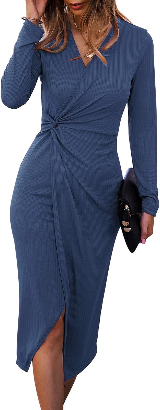 SWQZVTWomens Bodycon Dress Long Sleeve Twist Front Ribbed Knit Casual Dresses V Neck Ruched Slit Midi Cocktail Party Dress Blue M