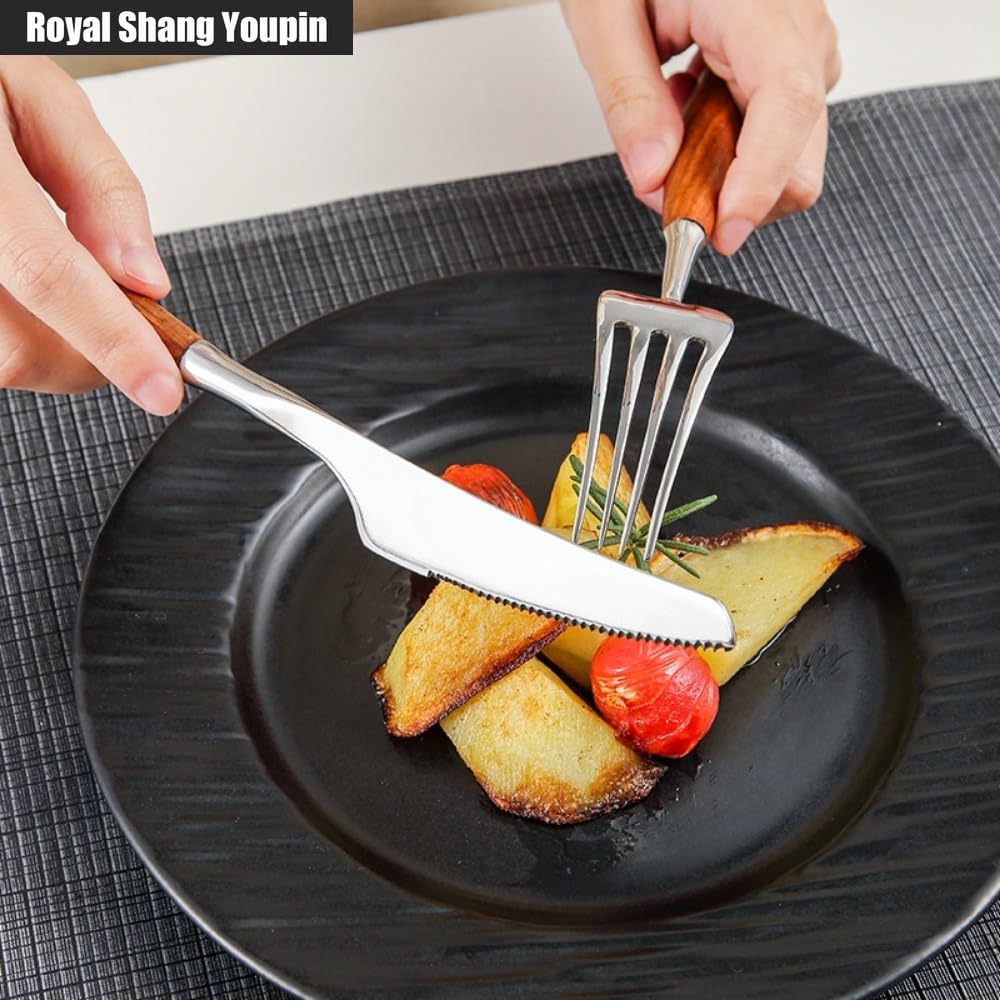 Manico in Legno Massello Di Palissandro Cucina Posate in Acciaio Inossidabile Stoviglie Posate Set Coltello Da Bistecca Forchetta Cucchiaio Cucchiaino (7 pezzi)