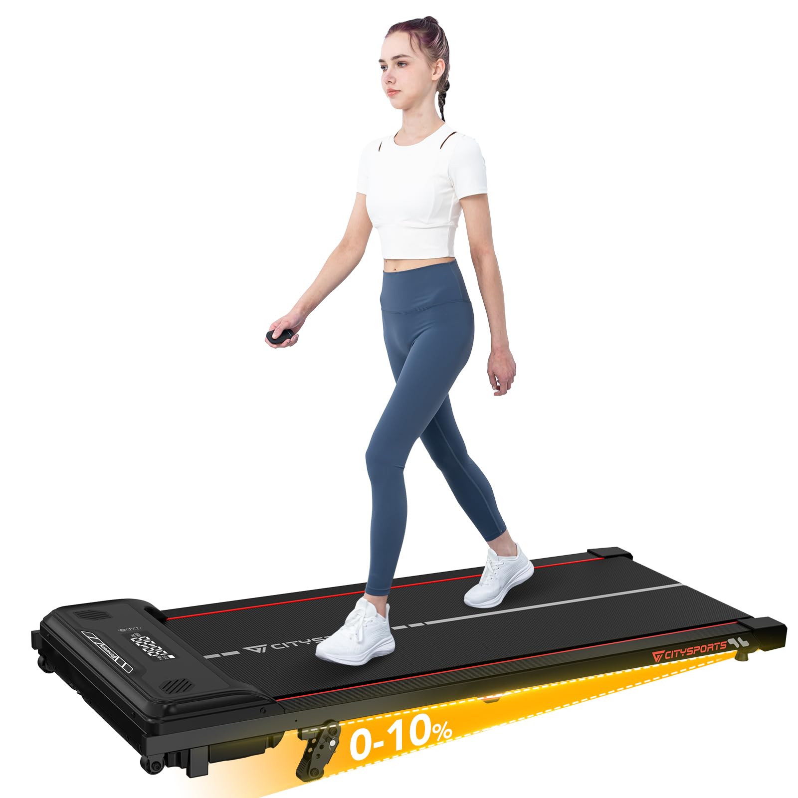 CITYSPORTS 10% Incline Walking Pad,Under Desk Treadmill With 3-Level Incline Adjustment,1-6KM/H Walking Treadmill With Remote Control,LED Display,No installation