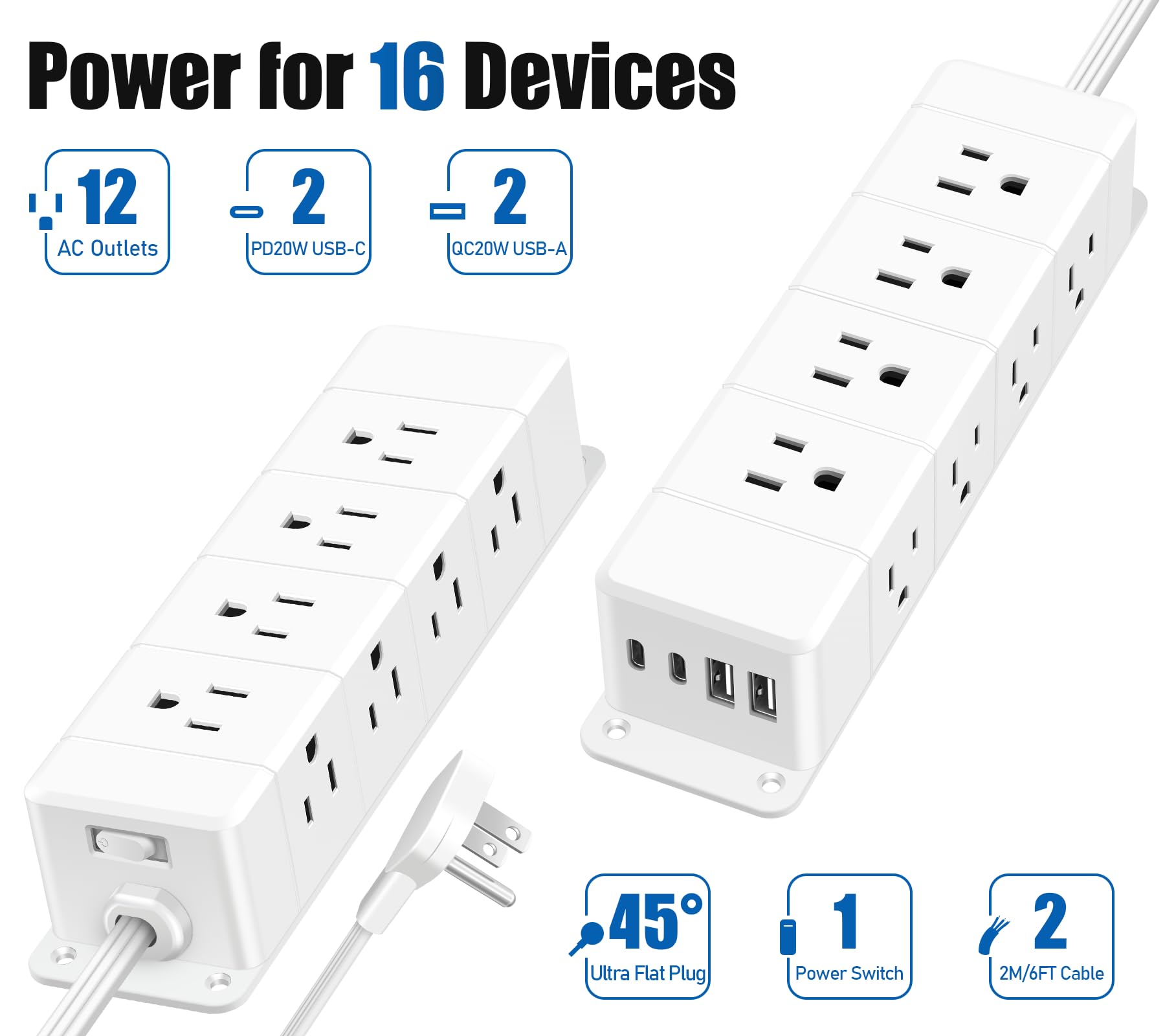 ANNQUAN - Bloc d'alimentation à charge rapide sous le bureau, multiprise à 12 prises avec 4 USB, protection contre les surtensions de 1200 J, rallonge plate