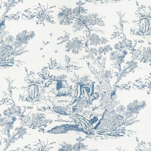 Yomshi Papel pintado autoadhesivo azul y blanco, 41 × 300 cm, papel pintado de animales vintage, película adhesiva extraíble de vinilo para sala de estar, dormitorio, armario