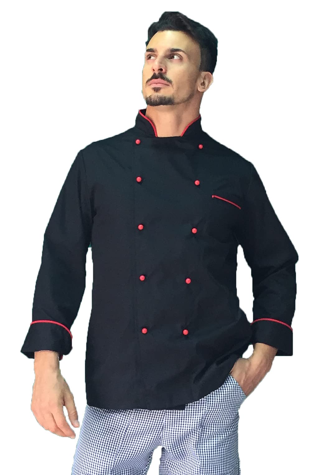 Chaqueta de cocinero para hombre – negra y roja – Chef – uniforme personalizable para cocina y restaurante – Fabricado en Italia
